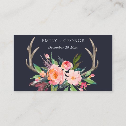 BOHO NAVY BARN BLUSH ANTLER FLORAL WEDDING WEBSITE VISITEKAARTJE (Voorkant)