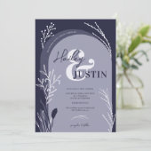 Boho navy blauw foto namen script bruiloft kaart (Staand voorkant)