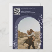 Boho navy blauw foto namen script bruiloft kaart (Achterkant)