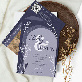 Boho navy blauw foto namen script bruiloft kaart