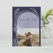 Boho navy blauw foto namen script bruiloft save the date (Staand voorkant)