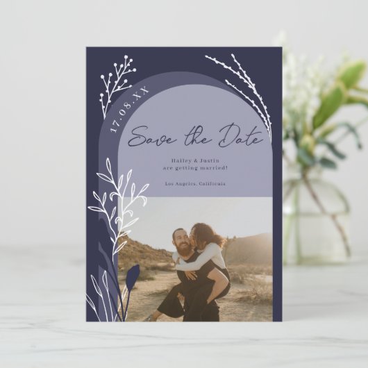 Boho navy blauw foto namen script bruiloft save the date (Staand voorkant)