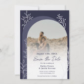 Boho navy blauw foto namen script bruiloft save the date (Achterkant)