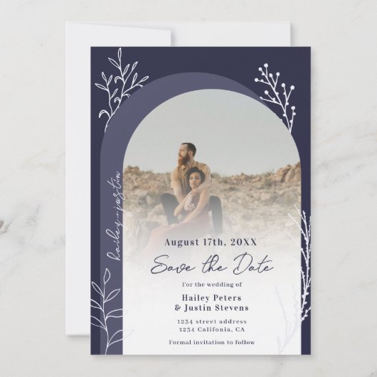 Boho navy blauw foto namen script bruiloft save the date (Achterkant)