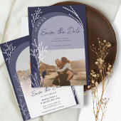 Boho navy blauw foto namen script bruiloft save the date