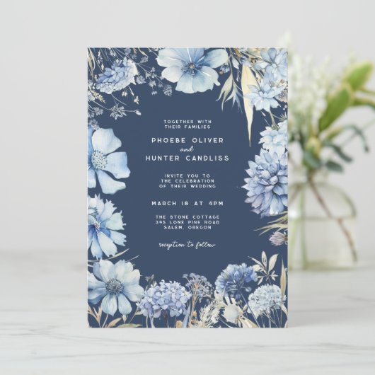 Boho Navy Blauw Goud Wildbloemen Botanische bruilo Kaart (Staand voorkant)