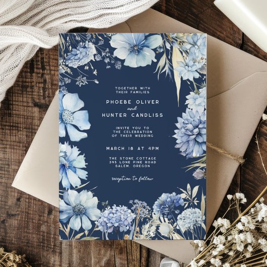 Boho Navy Blauw Goud Wildbloemen Botanische bruilo Kaart
