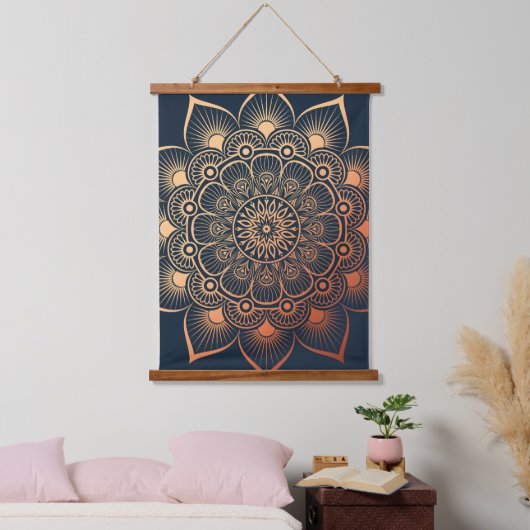 Boho Navy Blauw Perzik Mandala Hout Topped Hangend Wandkleed (Slaapkamer)