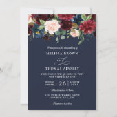 Boho Navy Blauwe Bourgondische Budget QR Code Huwe Kaart (Voorkant)