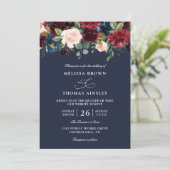 Boho Navy Blauwe Bourgondische Budget QR Code Huwe Kaart (Staand voorkant)