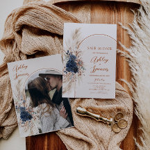 Boho Navy Blauwe Pampas Foto Save the Date Kaart