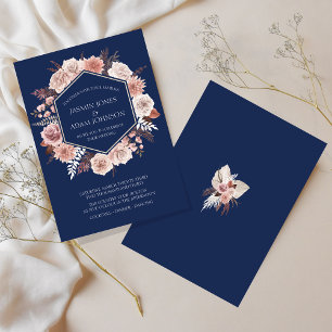 Boho Navy Blauwe Roze Bloemenkrans Trouwfeest Kaart