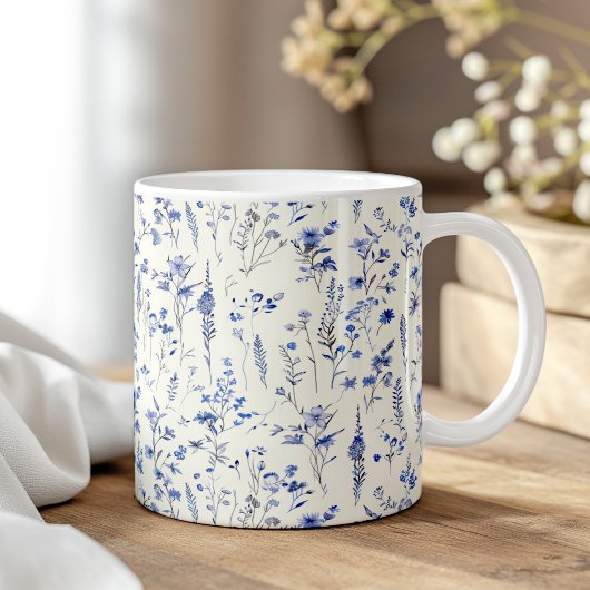 Boho Navy Blauwe Waterverf Wildbloemen Koffiemok