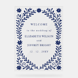 Boho Navy Bloemen Huwelijk Welkom Teken Acryl Bord