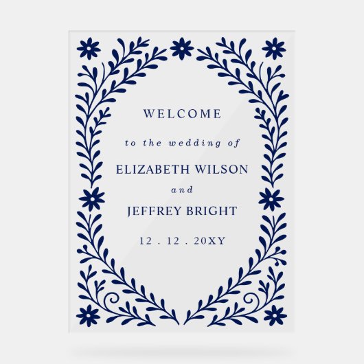 Boho Navy Bloemen Huwelijk Welkom Teken Acryl Bord (Voorkant)