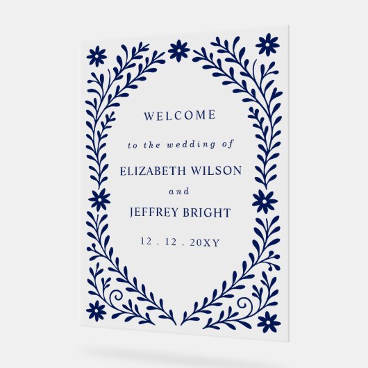 Boho Navy Bloemen Huwelijk Welkom Teken Acryl Bord (Hoek)