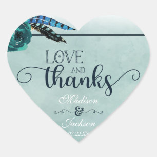 Boho Navy Blue & Aqua Bruiloft Liefde & Bedankt Fa Hart Sticker