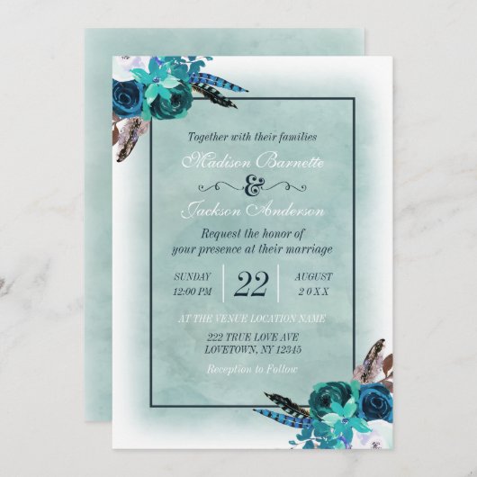 Boho Navy Blue Aqua Waterverf bruiloft uitnodiging (Voorkant / Achterkant)