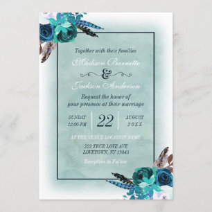 Boho Navy Blue Aqua Waterverf bruiloft uitnodiging