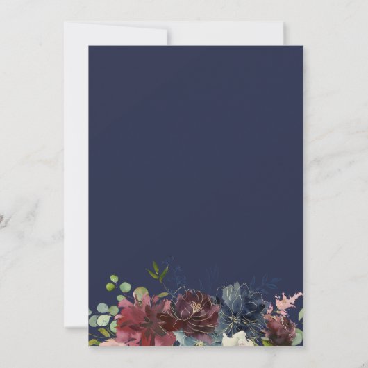 Boho Navy Blue Burgundy Flowers Wedding Kaart (Achterkant)
