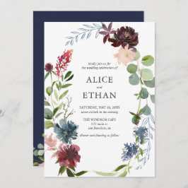 Boho Navy Blue Burgundy Flowers Wedding Kaart