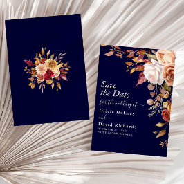 Boho Navy Blue Burnt Sinaasappel Bloemen Huwelijk Save The Date