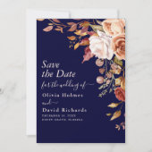 Boho Navy Blue Burnt Sinaasappel Bloemen Huwelijk Save The Date (Voorkant)