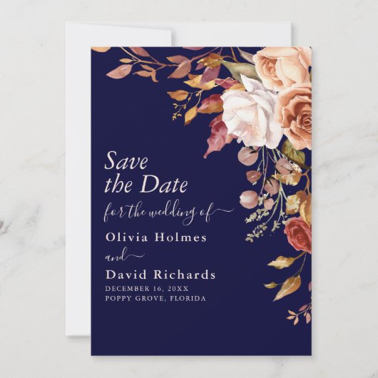 Boho Navy Blue Burnt Sinaasappel Bloemen Huwelijk Save The Date (Voorkant)