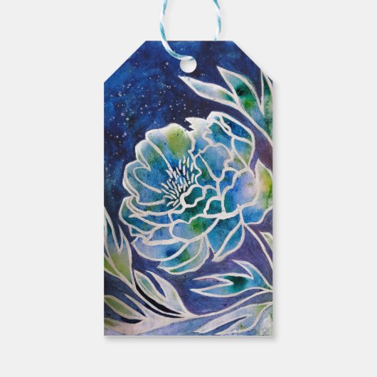 Boho Navy Blue Celestial Dahlia Floral Waterverf Cadeaulabel (Achterkant)
