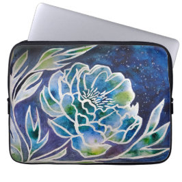 Boho Navy Blue Celestial Dahlia Floral Waterverf Laptop Sleeve