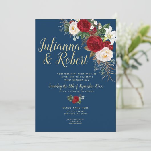 Boho Navy Blue en Burgundy Floral Waterverf Kaart (Staand voorkant)