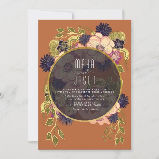 Boho Navy Blue en Terracotta Wedding Invitation Kaart (Voorkant)