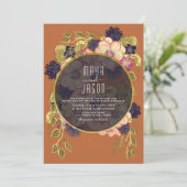 Boho Navy Blue en Terracotta Wedding Invitation Kaart (Staand voorkant)