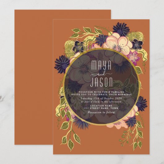 Boho Navy Blue en Terracotta Wedding Invitation Kaart (Voorkant / Achterkant)