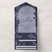 Boho navy blue foto floral rustiarch bruiloft all in one uitnodiging (Binnen)