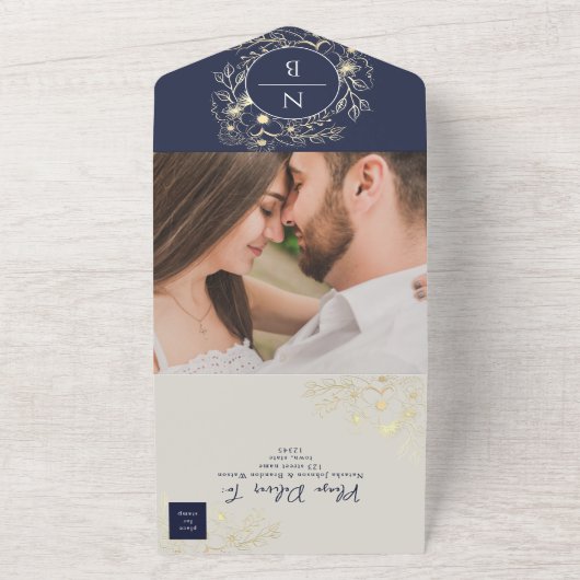 Boho Navy Blue Monogram All-in-One Uitnodiging (Buitenkant)