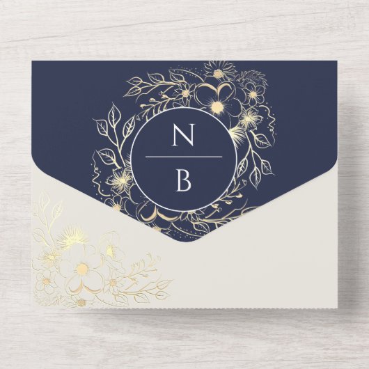 Boho Navy Blue Monogram All-in-One Uitnodiging (Achterkant)