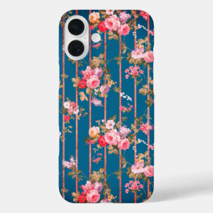 Boho navy blue pink floral rose gold strips iPhone 16 plus hoesje