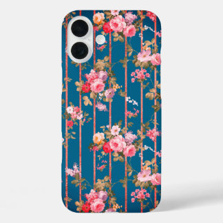 Boho navy blue pink floral rose gold strips iPhone 16 plus hoesje
