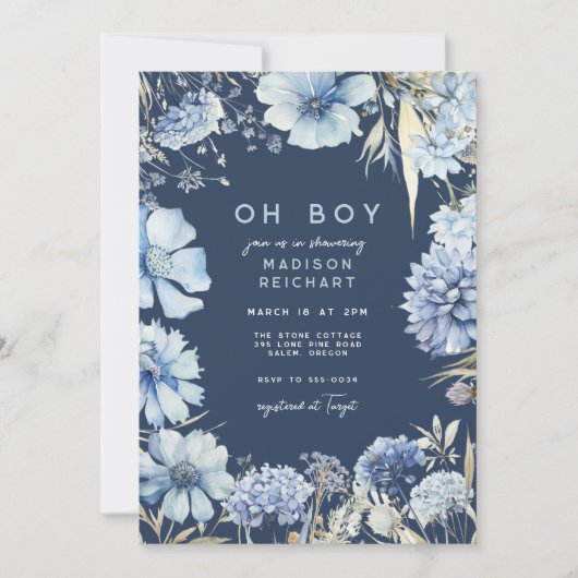 Boho Navy Blue Wildflower Floral Boy Baby shower Kaart (Voorkant)