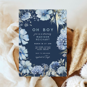 Boho Navy Blue Wildflower Floral Boy Baby shower Kaart