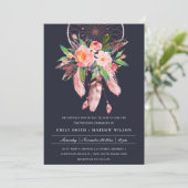 BOHO NAVY BLUSH ANTLER DREAM CATCHER FLORA WEDING KAART (Staand voorkant)