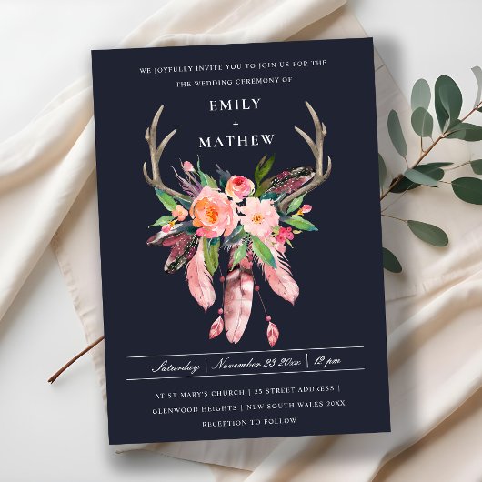 BOHO NAVY BLUSH ANTLER DREAM CATCHER FLORA WEDING KAART