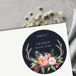 BOHO NAVY BLUSH ANTLER FLORAL country WEDDING Ronde Sticker