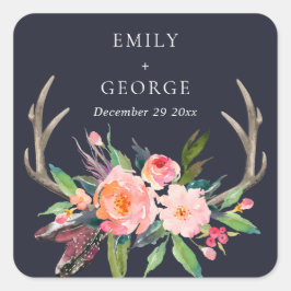 BOHO NAVY BLUSH ANTLER FLORAL country WEDDING Vierkante Sticker