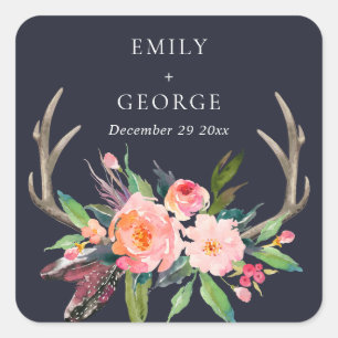 BOHO NAVY BLUSH ANTLER FLORAL country WEDDING Vierkante Sticker