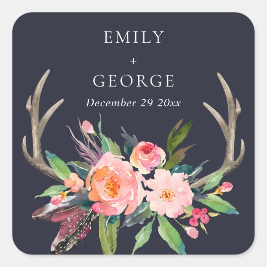 BOHO NAVY BLUSH ANTLER FLORAL country WEDDING Vierkante Sticker (Voorkant)