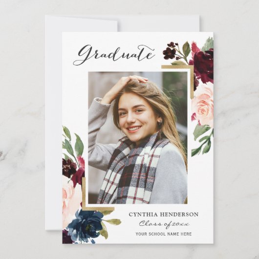 Boho Navy Blush Floral Botanical Senior Afstuderen Aankondiging (Voorkant)