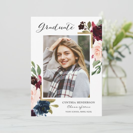 Boho Navy Blush Floral Botanical Senior Afstuderen Aankondiging (Staand voorkant)