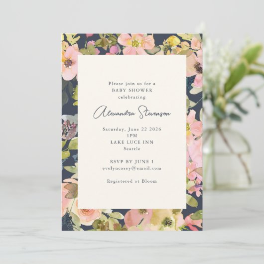 Boho Navy Blush Waterverf Floral Baby shower Kaart (Staand voorkant)